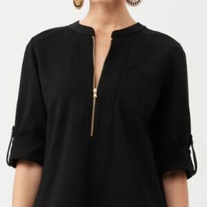 Trina Turk Black Kaiko Half Zip Gold Neckline Blouse Medium Roll Tab Sleeves
